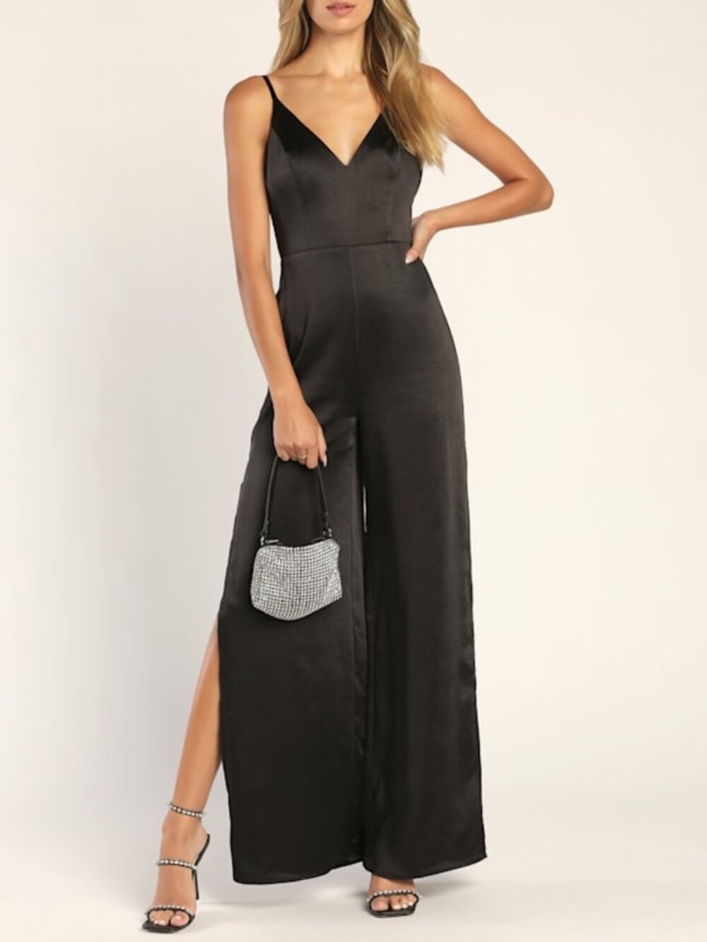 Lulus You're My Favorite Black Satin Slit Leg Jumpsuit - Size S